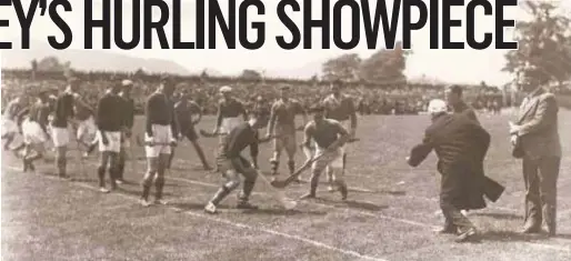  ??  ?? ABOVE: The Bishop of Ossory, under the watchful eye of Dr Eamonn O’Sullivan, throws the ball in between the hurlers of Tipperary and Kilkenny in Fitzgerald Stadium, and the first All-Ireland final outside of Dublin since 1909 gets underway.
BELOW: The...