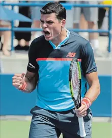  ?? SETH WENIG THE ASSOCIATED PRESS ?? Canada’s Milos Raonic celebrates a point during his second-round match against Gilles Simon of France at the U.S. Open on Wednesday.