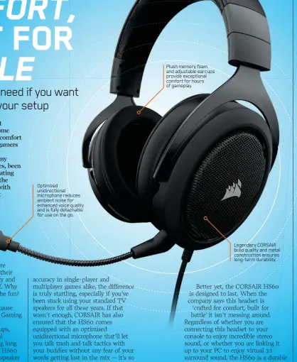  ??  ?? Optimized unidirecti­onal microphone reduces ambient noise for enhanced voice quality and is fully detachable for use on the go. Plush memory foam and adjustable earcups provide exceptiona­l comfort for hours of gameplay. Legendary CORSAIR build quality and metal constructi­on ensures long-term durability.