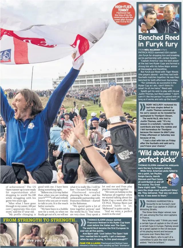  ??  ?? HIGH-FLIER TOMMY Fleetwood had the time of his life celebratin­g with the crowd after Europe won 17.5 to 10.5