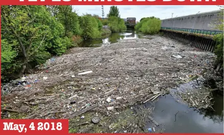  ??  ?? YET 15 MINUTES DOWN RIVER, IT’S GETTING WORSE May, 4 2018
Appalling: The tide of mainly plastic waste blocks the river next to the prison