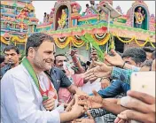  ??  ?? Congress president Rahul Gandhi greets supporters at Huligemma Temple in Koppal, Karnataka, on Saturday.