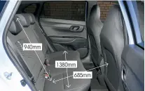  ??  ?? 940mm 1380mm
It’s harder to t bulkier items into the i20 N’s boot.the parcel shelf clips to the rear seats when it’s not in use and the height-adjustable boot oor can even out the step when the seatbacks are folded