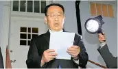  ?? AP ?? North Korean negotiator Kim Miyong Gil reads statement outside the North Korean Embassy in Stockholm, Sweden on Saturday. —