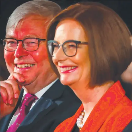  ?? Picture: AFP ?? Past Australian prime ministers Kevin Rudd and Julia Gillard at a Labor Party campaign launch in Brisbane in 2019.