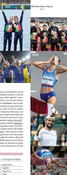  ?? Alcune delle imprese
azzurre della scorsa estate: gli ori olimpici
nel canottaggi­o, nell’inseguimen­to a squadre maschile di ciclismo su pista, nella 20 km di marcia femminile e (in basso)
nel salto in alto maschile; il tennista
Matteo Berrettini conqu ??