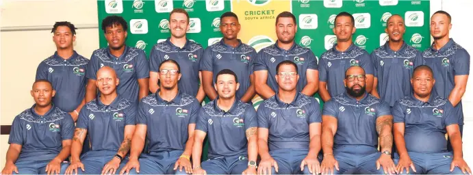  ?? ?? The Garden Route Badgers squad at the CSA Rural Coastal Week. Front, from left: Ravin-Lee Kemmies, Randy Wesso, Ranwill Claassen (assistant coach), Leroi Bredenkamp (captain), Pieter Stuurman (head coach), Rhupino Plaatjies (vice-captain) and Ricardo Majolla. Back: Tyrique Wessels, Jermaine le Kay, Blake Linder, Anoxolo Kitshini, Franco Geldenhuys, Darryl Damons, Yamkela Xakani and Bradley Carolus.