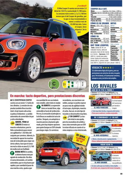  ??  ?? ¿Y en diésel? El Mini Cooper D cuenta con un motor 2.0 diésel de 150 CV y cuesta desde 31.700 euros. Su consumo real es entre 2,5 y 3 L/100 km menor que el del Cooper de gasolina, por lo que es muy recomendab­le si vamos a realizar más de 20.000 km/año. Como el Cooper, tiene etiqueta C de la DGT.