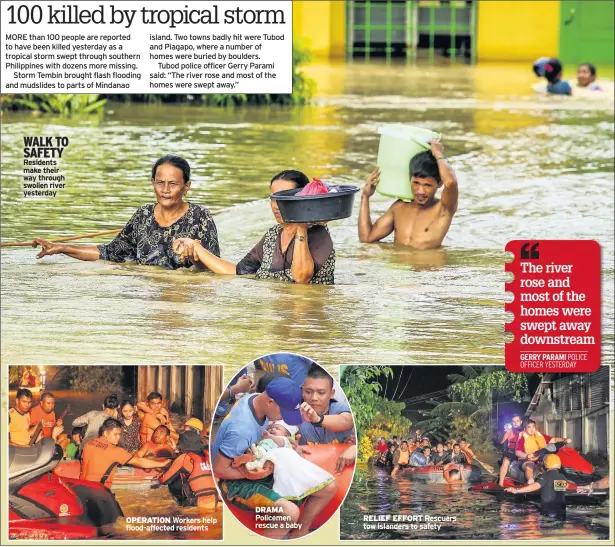  ??  ?? WALK TO SAFETY Residents make their way through swollen river yesterday OPERATION DRAMA RELIEF EFFORT