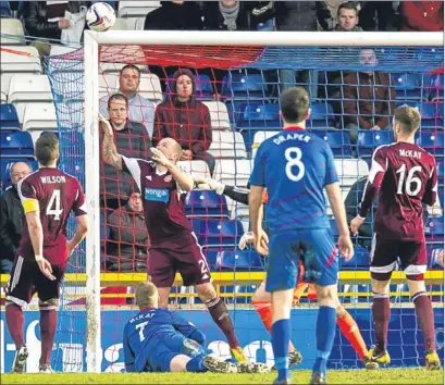  ??  ?? n Striker Billy McKay goes close for the home side, but he can only watch as his header clips the crossbar.