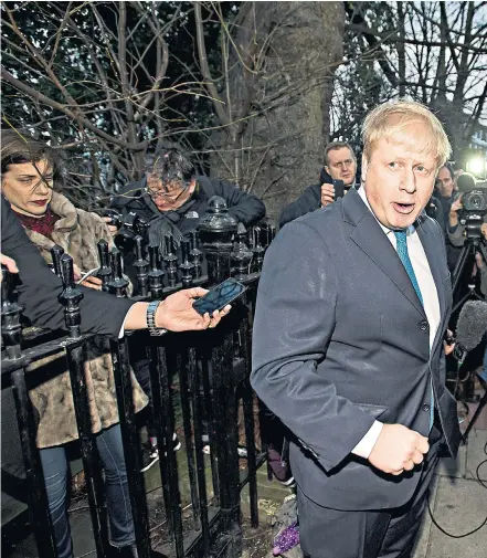  ??  ?? Boris Johnson tells reporters waiting outside his London home last night of his decision. Left: Priti Patel, the Employment Minister, backs Out