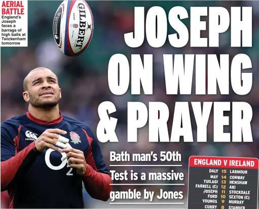  ??  ?? AERIAL BATTLE England’s Joseph faces a barrage of high balls at Twickenham tomorrow