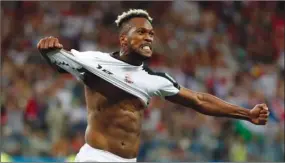  ?? The Associated Press ?? Costa Rica’s Kendall Waston celebrates after scoring against Switzerlan­d at the World Cup in Russia on Wednesday. Watson is expected back in the Vancouver lineup Sunday.