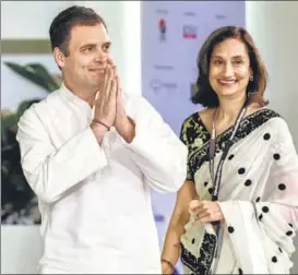 ?? KUNAL PATIL/HT PHOTO ?? ▪ Congress president Rahul Gandhi with Shobhana Bhartia, Chairperso­n and Editorial Director of HT Media Ltd, during the opening session of the Hindustan Times Leadership Summit in New Delhi on Friday.