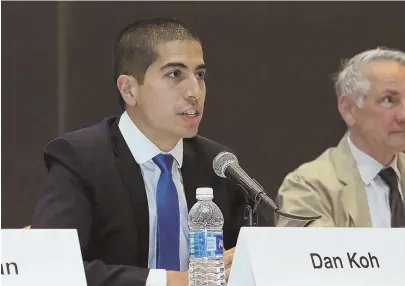  ?? PHOTO BY THE SENTIAL & ENTERPRISE ?? ‘HIT-AND-RUN CAMPAIGNS’: Dan Koh speaks at a debate for the open 3rd District Congressio­nal seat held at Fitchburg State University’s Conlon Fine Arts building in Fitchburg.