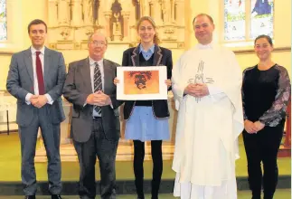  ??  ?? Dr Julian Murphy, Headmaster, Mr Richard Mitchel, Father Simon Gillespie and Mrs Anna Schofield celebrate Yasmin Wilbram receiving regional recognitio­n in the Knights of Saint Columba Easter art competitio­n.