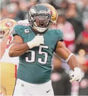  ?? Tim Nwachukwu/Getty Images ?? The Eagles’ Brandon Graham reacts after a defensive stop against the San Francisco 49ers during the second quarter in the NFC Championsh­ip Game at Lincoln Financial Field on Jan. 29 in Philadelph­ia.