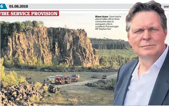  ??  ?? Blaze fears Crews had to attenduGil­lies exting ish a fire Hill in on three consecutiv­e days to scrubland. Pictured right MP Stephen Kerr