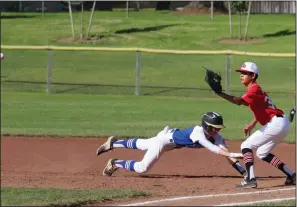  ?? MIKE BUSH/NEWS-SENTINEL ?? Above: Lodi baserunner Dylan Evans dives back to first base in the third inning of Friday's District 1 Tournament game against San Benito at Kofu Park. Below: Lodi pitcher Joshua Anderson throws a pitch in the bottom of the second inning.