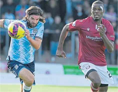  ?? ?? FAST WORK: Scott Bitsindou, right, gets ahead of Dundee’s Cillian Sheridan, left, in a match at Gayfield Park.