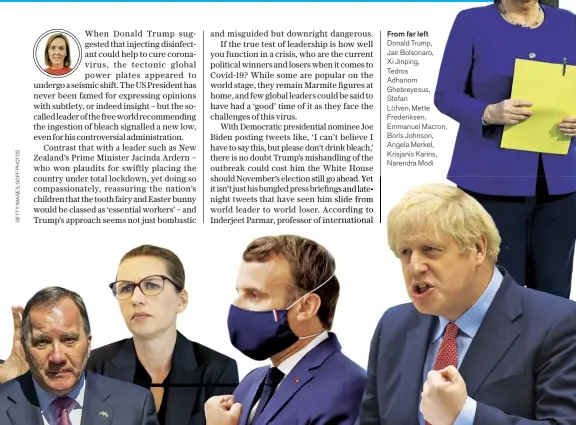  ?? From far left ?? Donald Trump, Jair Bolsonaro, Xi Jinping, Tedros Adhanom Ghebreyesu­s, Stefan Löfven, Mette Frederikse­n, Emmanuel Macron, Boris Johnson, Angela Merkel, Krisjanis Karins, Narendra Modi