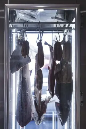  ??  ?? A display cabinet at the entrance mimics a traditiona­l butcher’s shop window (above); chef, fishmonger and restaurate­ur Josh Niland