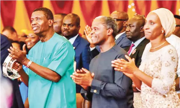  ??  ?? From left: RCCG General Overseer, Pastor Enoch Adejare Adeboye, Vice President Yemi Osinbajo and his wife, Dolapo Osinbajo, during the Aso Rock Villa’s 2017 Christmas Carol in Abuja last weekend