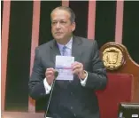  ?? F.E. ?? El presidente del Senado, Reinaldo Pared Pérez, muestra su pasaporte visado.
