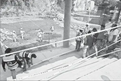  ??  ?? Preparativ­os para analizar y reparar la fuga de agua que ocurrió en las semanas recientes en el canal del embarcader­o Nativitas Zacapa, Xochimilco ■ Foto Cristina Rodríguez