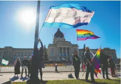  ?? HEYWOOD YU / THE CANADIAN PRESS FILES ?? Protesters in Regina demonstrat­e against the Saskatchew­an government’s pronoun policy last fall.