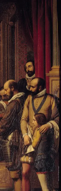 ?? ?? Le Corps d’Henri IV exposé au Louvre, à sa mort le
14 mai 1610, de Alexandre Hesse (18061879). Le roi, étendu sur son lit à baldaquin, est entouré des ducs d’Épernon, de Montbazon de Lavardin, de Caumont et de Liancourt, premier écuyer.