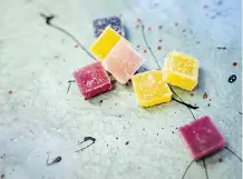  ??  ?? Cannabis edibles such as these Boulder, Colorado-made sour gummies, come in flavours like blueberry, kiwi strawberry, watermelon, tangerine, strawberry, strawberry lemonade and exotic yuzu, and contain Indica THC.