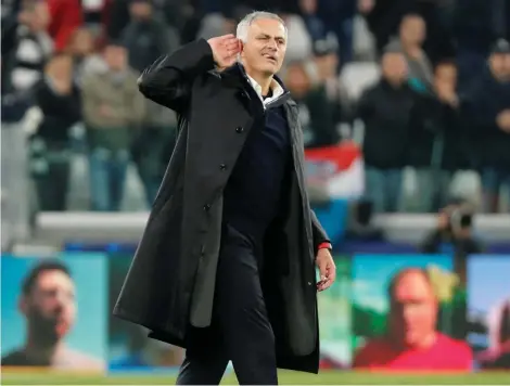  ??  ?? Manchester United manager Jose Mourinho gestures to Juventus fans after the visitors’ 2-1 win in last night’s Champions League clash