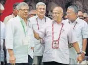  ?? PTI FILE ?? (From left) CPI(M) general secretary Sitaram Yechury, politburo member Prakash Karat, and other leaders attend the 22nd Congress of the CPI(M) in Hyderabad on Wednesday.