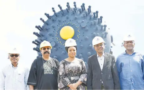  ??  ?? L-R: Olakunle Alake, group managing director, Dangote Industries Limited; Devakumar Edwin, group executive director, Strategy, Capital Projects and Portfolio Developmen­t, Dangote Industries Limited; Aishah Ahmad, deputy governor, Central Bank of Nigeria (CBN); Godwin Emefiele, governor, Central Bank of Nigeria; and Aliko Dangote, president/ce, Dangote Industries Limited, during the Central Bank Governor’s facility tour of the Dangote Oil Refinery and Fertilizer Project, Lekki, Lagos on Saturday January 19, 2019.