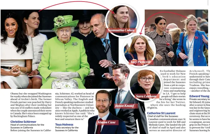 ??  ?? Royal aides past and present: a host of staffers have been dragged into the row involving Meghan, pictured with the Queen, main, and with Harry, far left