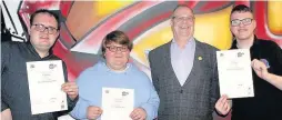  ??  ?? Congratula­tions William, Gabby and Russell with their Youth achievemen­t Award certificat­es pictured alongside Ian McLaughlan, Chief Executive of Youth Scotland