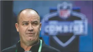  ?? The Associated Press ?? NO FIRST ROUND PICK: Houston Texans head coach Bill O’Brien speaks during a Feb. 25 press conference at the NFL scouting combine in Indianapol­is. The Texans don’t have a first-round pick in this year’s draft after trading it to Miami last year as part of the deal for Laremy Tunsil and Kenny Stills.