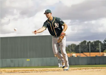  ?? Michael Zagaris / Getty Images ?? The A’s Matt Olson, who hit 47 homers between the minors and majors last year, has no problem digging balls out of the dirt.