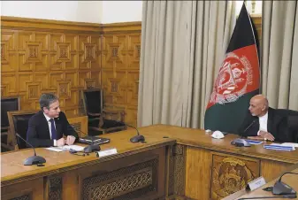  ?? Associated Press ?? Secretary of State Antony Blinken (left) told Afghan President Ashraf Ghani that “the partnershi­p is changing, but the partnershi­p itself is enduring,” at the presidenti­al palace in Kabul.