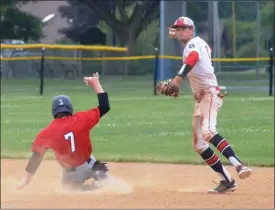  ??  ?? New Hartford shortstop Gavin Weaver looks to turn a double-play against Sherrill on Thursday, July 11.