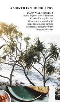  ??  ?? CLOCKWISE, FROM LEFT David Rayner, chef at Thomas Corner Eatery, Noosa; the area is known for its beaches; chicken terrine with tomato chutney from Hogget Kitchen.