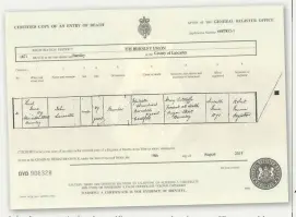  ??  ?? John Lancaster’s death certificat­e states that he was 67 years old, but his memorial inscriptio­n says that he was “in his 64th year”