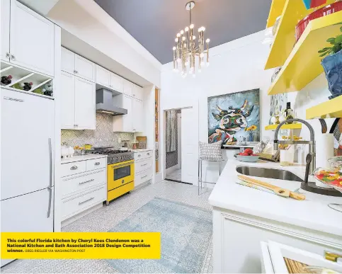  ?? GREG RIEGLER VIA WASHINGTON POST ?? This colorful Florida kitchen by Cheryl Kees Clendenon was a National Kitchen and Bath Associatio­n 2018 Design Competitio­n winner.
