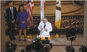  ?? Gabrielle Lurie / The Chronicle ?? San Francisco Public Health Officer Dr. Tomás Aragón announces a state of emergency, due to the coronaviru­s outbreak, at City Hall on Feb. 25.