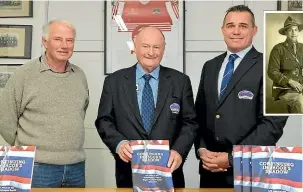  ??  ?? Historian Clive Akers, Horowhenua Rugby Union chairman John Mowbray and chief executive Corey Kennett launch Continuing in Jacob’s Shadow, part of the union’s 125th anniversar­y. Inset, Former All Black Harry Jacob.