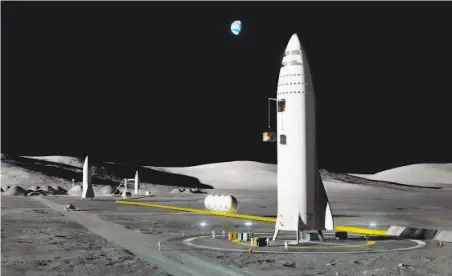  ?? SpaceX ?? This artist’s rendering shows the new 350-foot-tall mega-rocket design that SpaceX will use for flights to the moon and Mars.