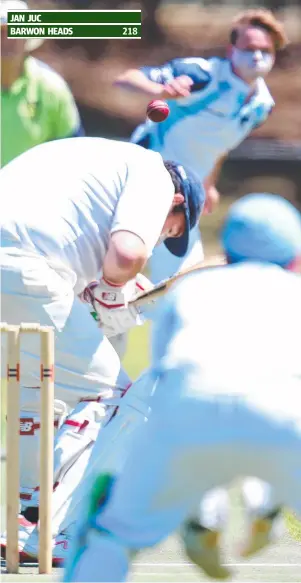  ?? Picture: MARK WILSON ?? UNDER IT: Barwon Heads captain Sam Schaller ducks a bouncer from Jan Juc bowler Nick Smith as it goes through to keeper Andrew Kent.