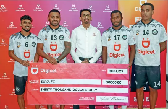  ?? Photo: Fiji FA Media ?? Suva football reps (from left) Ramzan Khan, Bruce Hughes, Digicel Fiji chief executive officer Farid Mohammed, Filipe Baravilala and Alex Saniel at the Digicel Fiji outlet at TappooCity in Suva on April 18, 2023.