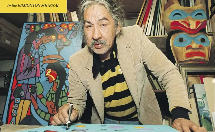  ?? GREG KINCH / FILES ?? Artist Norval Morrisseau, seen in 1987, has been dubbed the “Picasso of the North” for his colloquial­ly known “X-ray art” that depicts animals and people in a skeleton-like manner using thick black lines and vivid colours. Morrisseau died in late 2007.